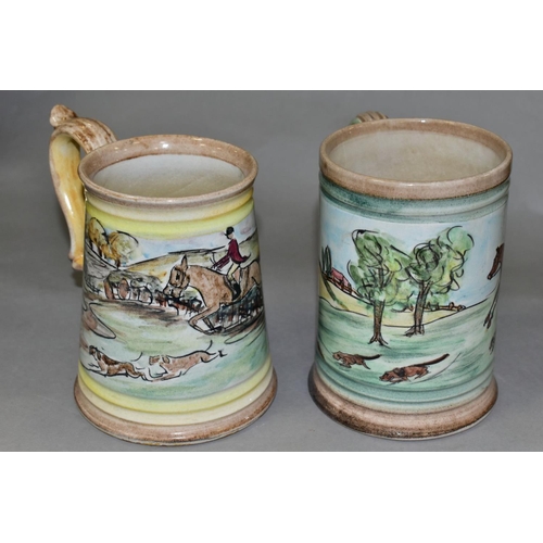 687 - THREE GLYN COLLEDGE OF DENBY HAND PAINTED ITEMS, DECORATED WITH FOX HUNTING SCENES, comprising a con... 