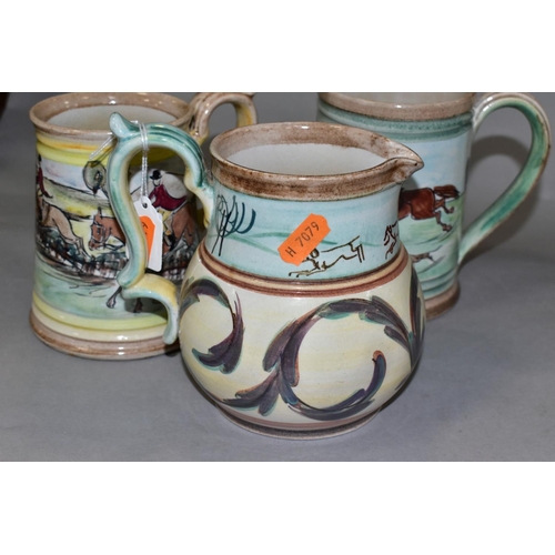 687 - THREE GLYN COLLEDGE OF DENBY HAND PAINTED ITEMS, DECORATED WITH FOX HUNTING SCENES, comprising a con... 