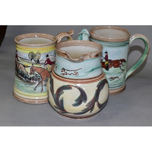 687 - THREE GLYN COLLEDGE OF DENBY HAND PAINTED ITEMS, DECORATED WITH FOX HUNTING SCENES, comprising a con... 