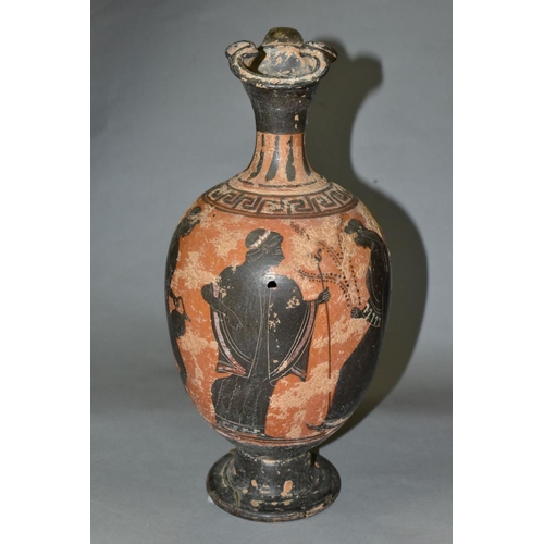 688 - A GREEK TERRACOTTA 'ATTIC' EWER, possibly 5th Century, the top rim with pinched design, simple strap... 