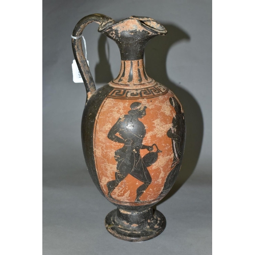 688 - A GREEK TERRACOTTA 'ATTIC' EWER, possibly 5th Century, the top rim with pinched design, simple strap... 