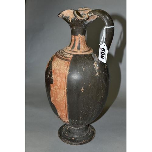 688 - A GREEK TERRACOTTA 'ATTIC' EWER, possibly 5th Century, the top rim with pinched design, simple strap... 