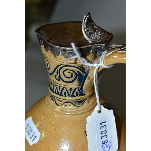 689 - A DOULTON LAMBETH STONEWARE EWER, probably Hannah Barlow, with silver mounts, makers mark Richards &... 