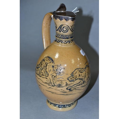 689 - A DOULTON LAMBETH STONEWARE EWER, probably Hannah Barlow, with silver mounts, makers mark Richards &... 