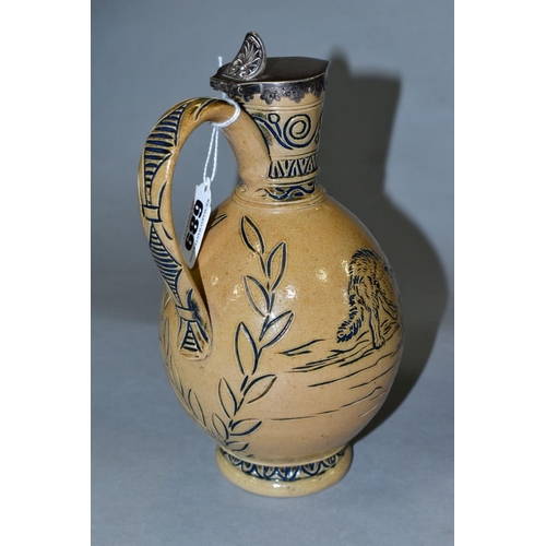 689 - A DOULTON LAMBETH STONEWARE EWER, probably Hannah Barlow, with silver mounts, makers mark Richards &... 