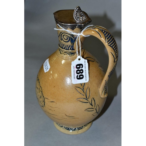 689 - A DOULTON LAMBETH STONEWARE EWER, probably Hannah Barlow, with silver mounts, makers mark Richards &... 