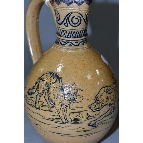 689 - A DOULTON LAMBETH STONEWARE EWER, probably Hannah Barlow, with silver mounts, makers mark Richards &... 