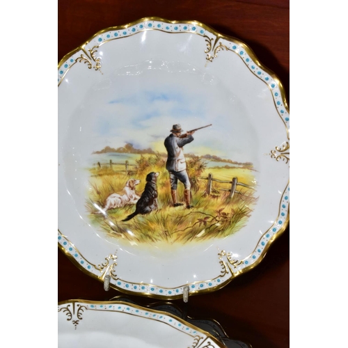 692 - A PAIR OF ROYAL CROWN DERBY WAVY RIM CABINET PLATES, printed and tinted designs, one with huntsmen a... 