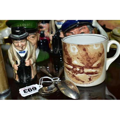 693 - A COLLECTION OF ROYAL DOULTON CHARACTER AND TOBY JUGS, TWO AIR MINISTRY EPNS TEASPOONS, ETC, includi... 