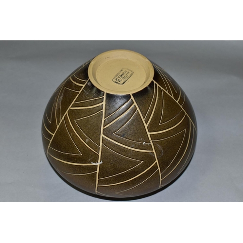 700 - A DENBY ORIGINS BULBOUS VASE, by Richard Eaton, incised geometrical design, height 15cm