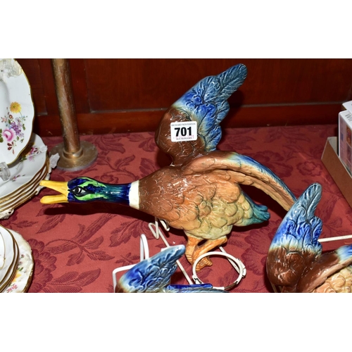 701 - A GRADUATED SET OF THREE FALCON WARE FLYING DUCK WALL PLAQUES, the largest model No 1360, the middle... 