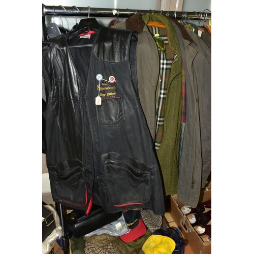 705 - A QUANTITY OF GENTLEMAN'S SHOOTING JACKETS, WAISTCOATS, GILETS, JACKETS, FLAT CAPS, etc, the coats a... 