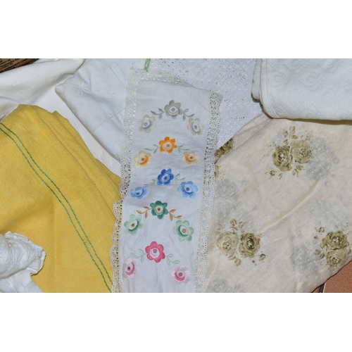 706 - THREE BOXES OF TABLE LINEN, THROWS, etc, including embroidered items, broiderie anglaise apron, curt... 