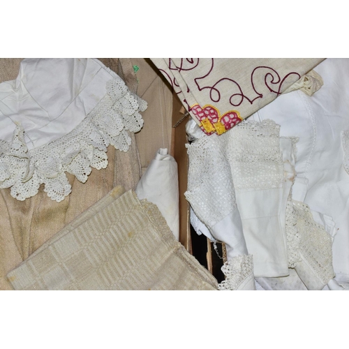 706 - THREE BOXES OF TABLE LINEN, THROWS, etc, including embroidered items, broiderie anglaise apron, curt... 