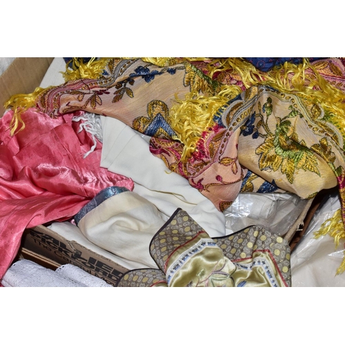 706 - THREE BOXES OF TABLE LINEN, THROWS, etc, including embroidered items, broiderie anglaise apron, curt... 