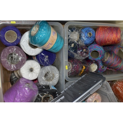 708 - SIX PLASTIC BOXES OF CONES OF ASSORTED KNITTING MACHINE WOOL/ACRYLIC, wool/nylon and various synthet... 