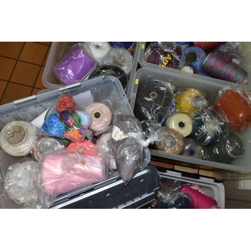 708 - SIX PLASTIC BOXES OF CONES OF ASSORTED KNITTING MACHINE WOOL/ACRYLIC, wool/nylon and various synthet... 