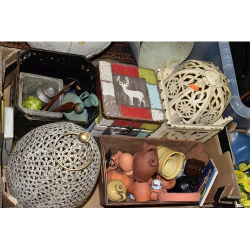 709 - THREE BOXES AND LOOSE CERAMICS, GLASS, BINOCULARS, COLLECTABLES, ARTIFICIAL FLOWERS, etc, including ... 