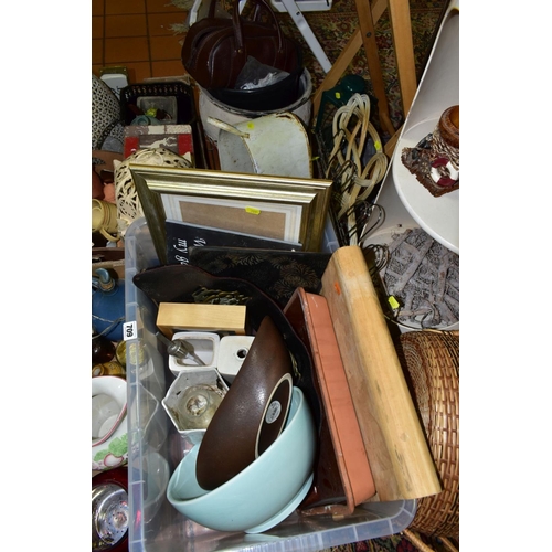 709 - THREE BOXES AND LOOSE CERAMICS, GLASS, BINOCULARS, COLLECTABLES, ARTIFICIAL FLOWERS, etc, including ... 