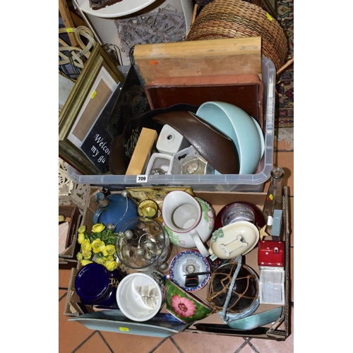 709 - THREE BOXES AND LOOSE CERAMICS, GLASS, BINOCULARS, COLLECTABLES, ARTIFICIAL FLOWERS, etc, including ... 