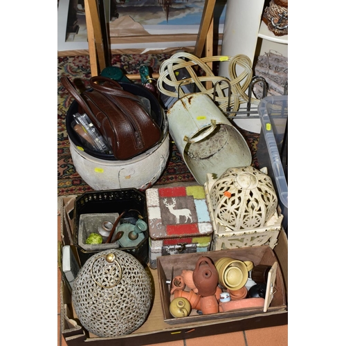 709 - THREE BOXES AND LOOSE CERAMICS, GLASS, BINOCULARS, COLLECTABLES, ARTIFICIAL FLOWERS, etc, including ... 