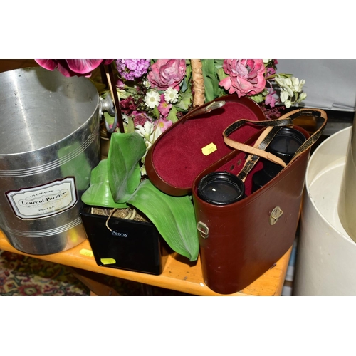 709 - THREE BOXES AND LOOSE CERAMICS, GLASS, BINOCULARS, COLLECTABLES, ARTIFICIAL FLOWERS, etc, including ... 