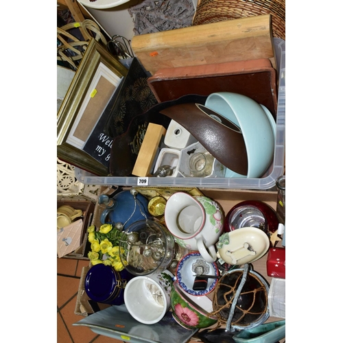 709 - THREE BOXES AND LOOSE CERAMICS, GLASS, BINOCULARS, COLLECTABLES, ARTIFICIAL FLOWERS, etc, including ... 