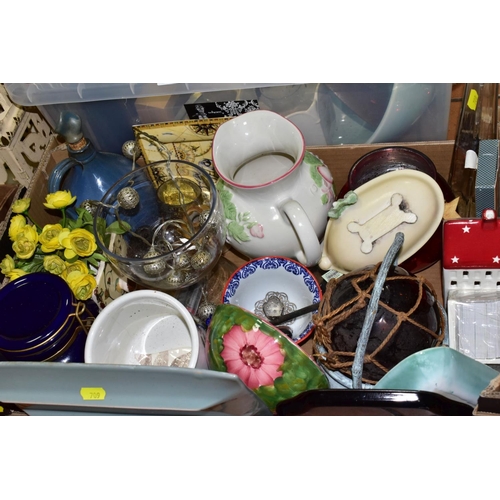 709 - THREE BOXES AND LOOSE CERAMICS, GLASS, BINOCULARS, COLLECTABLES, ARTIFICIAL FLOWERS, etc, including ... 