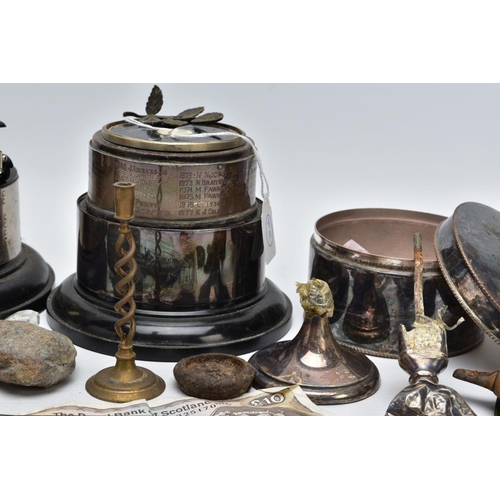 71 - A BOX OF MISCELLANEOUS ITEMS, to include a broken weighted circular silver base possibly candle stic... 