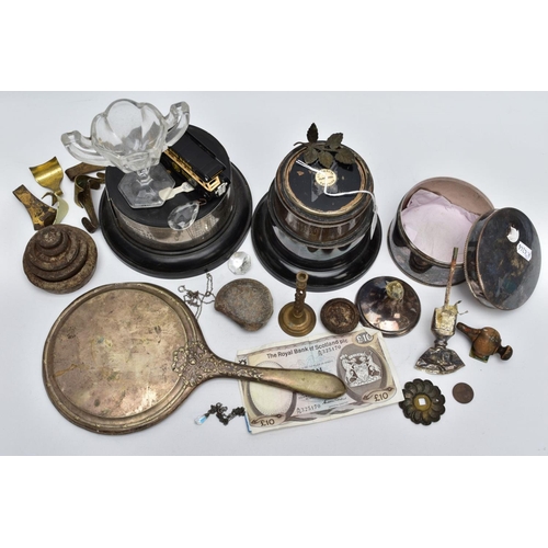 71 - A BOX OF MISCELLANEOUS ITEMS, to include a broken weighted circular silver base possibly candle stic... 