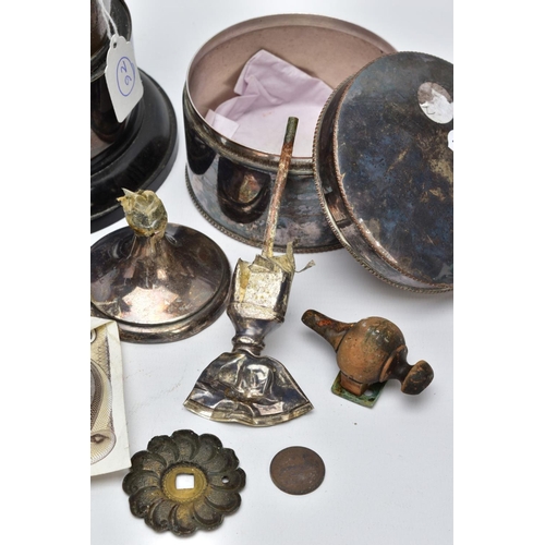 71 - A BOX OF MISCELLANEOUS ITEMS, to include a broken weighted circular silver base possibly candle stic... 