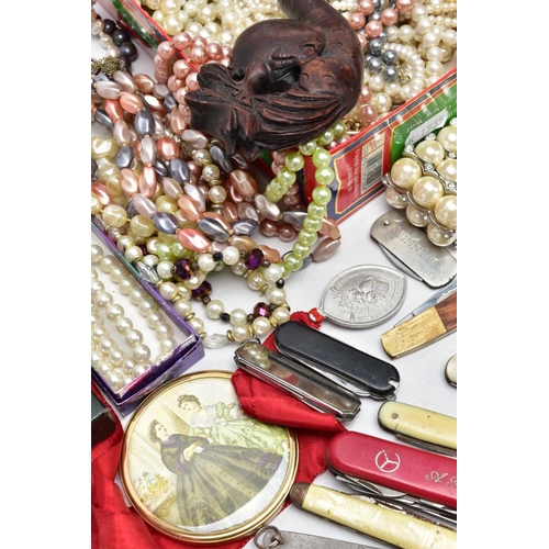 72 - A BOX OF MISCELLANEOUS ITEMS, to include a box of cultured pearl and imitation pearl necklaces and b... 