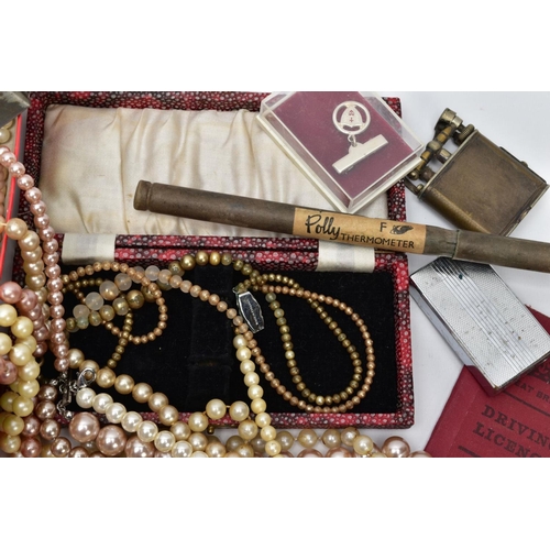 72 - A BOX OF MISCELLANEOUS ITEMS, to include a box of cultured pearl and imitation pearl necklaces and b... 