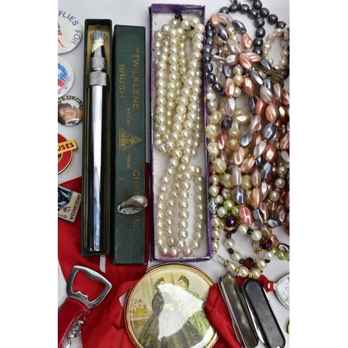 72 - A BOX OF MISCELLANEOUS ITEMS, to include a box of cultured pearl and imitation pearl necklaces and b... 