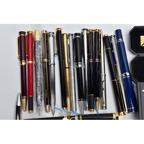 74 - A BOX OF PENS, PENCILS AND LIGHTERS, to include a variety of ball point, fountain pens and propellin... 