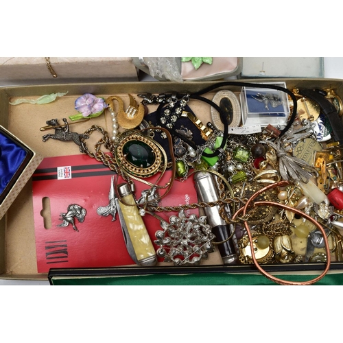 78 - A BOX OF MOSTLY COSTUME JEWELLERY AND OTHER, to include a silver bladed fruit knife with a mother of... 