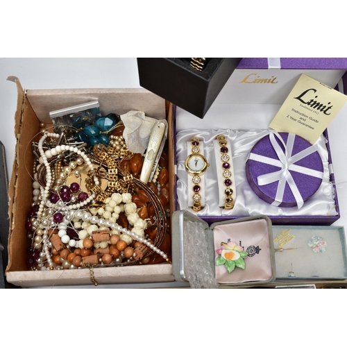 78 - A BOX OF MOSTLY COSTUME JEWELLERY AND OTHER, to include a silver bladed fruit knife with a mother of... 