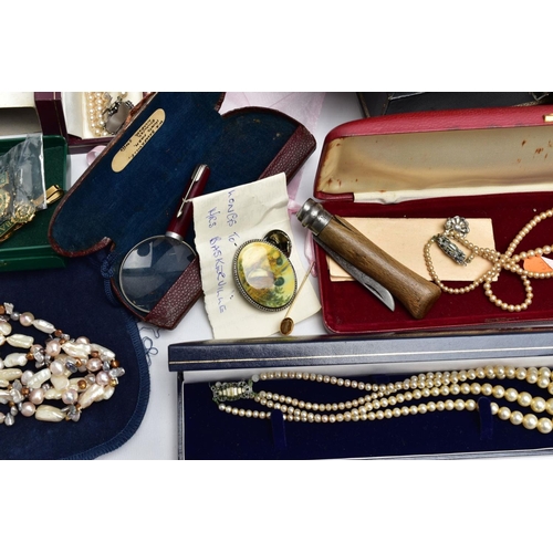 78 - A BOX OF MOSTLY COSTUME JEWELLERY AND OTHER, to include a silver bladed fruit knife with a mother of... 