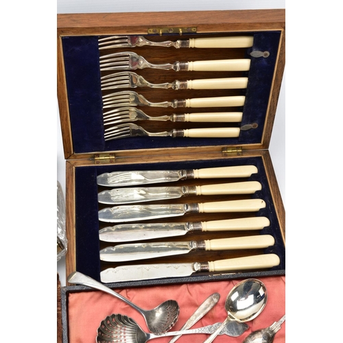 80 - A SELECTION OF WHITE METAL CUTLERY, to include a silver handled button hook hallmarked Birmingham, a... 