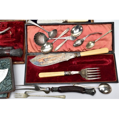 80 - A SELECTION OF WHITE METAL CUTLERY, to include a silver handled button hook hallmarked Birmingham, a... 