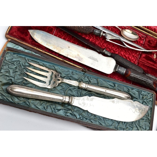 80 - A SELECTION OF WHITE METAL CUTLERY, to include a silver handled button hook hallmarked Birmingham, a... 