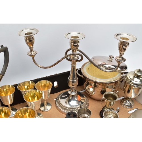 82 - A BOX OF METALWARE, to include an EPNS three piece tea service set comprises of a teapot, creamer an... 