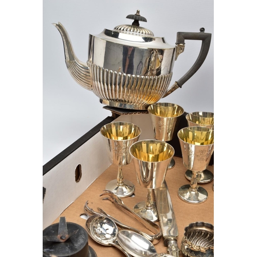 82 - A BOX OF METALWARE, to include an EPNS three piece tea service set comprises of a teapot, creamer an... 