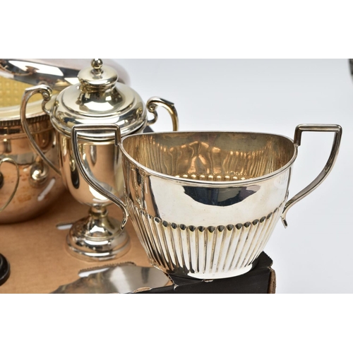 82 - A BOX OF METALWARE, to include an EPNS three piece tea service set comprises of a teapot, creamer an... 