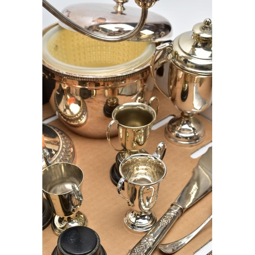 82 - A BOX OF METALWARE, to include an EPNS three piece tea service set comprises of a teapot, creamer an... 