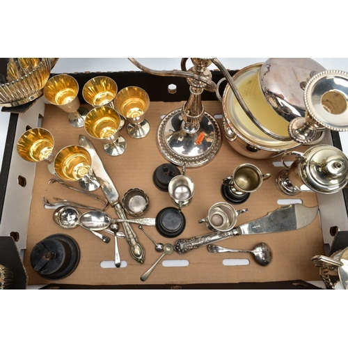 82 - A BOX OF METALWARE, to include an EPNS three piece tea service set comprises of a teapot, creamer an... 