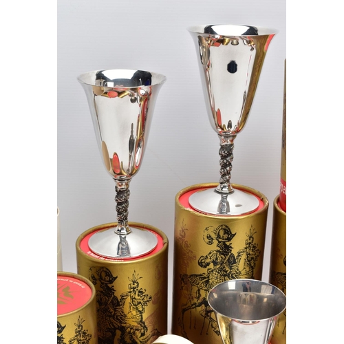 84 - A SELECTION OF SPANISH SILVER PLATED GOBLETS, to include a boxed set of six small goblets each with ... 