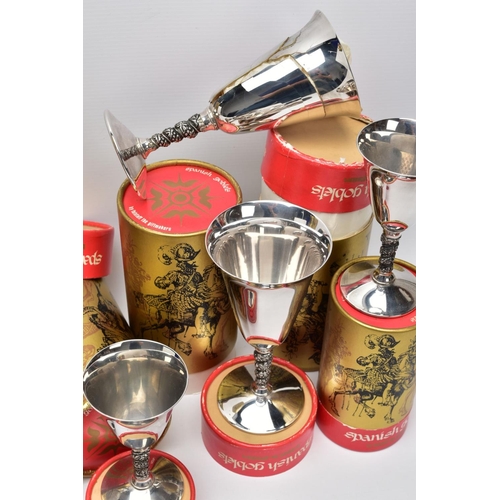 84 - A SELECTION OF SPANISH SILVER PLATED GOBLETS, to include a boxed set of six small goblets each with ... 