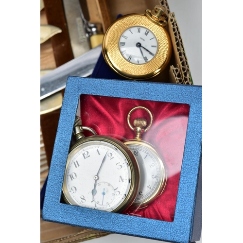 89 - A BOX OF MISCELLANEOUS ITEMS, to include seven pocket watches to include a silver open faced pocket ... 