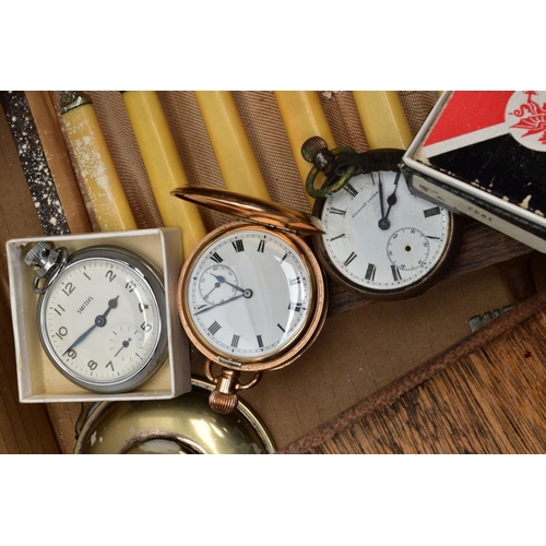 89 - A BOX OF MISCELLANEOUS ITEMS, to include seven pocket watches to include a silver open faced pocket ... 